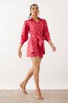 Buy_Son Of A Noble Snob_Pink Cotton , Cotton, Shawl Neck Ava Fan Print Shorts Set _Online_at_Aza_Fashions