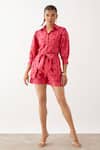 Shop_Son Of A Noble Snob_Pink Cotton , Cotton, Shawl Neck Ava Fan Print Shorts Set _Online_at_Aza_Fashions