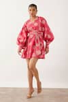 Buy_Son Of A Noble Snob_Pink Cotton Satin Mandarin Collar Clara Geometric Print Balloon Sleeve Dress _at_Aza_Fashions