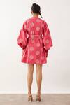 Shop_Son Of A Noble Snob_Pink Cotton Satin Mandarin Collar Clara Geometric Print Balloon Sleeve Dress _at_Aza_Fashions