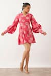 Buy_Son Of A Noble Snob_Pink Cotton Satin Mandarin Collar Clara Geometric Print Balloon Sleeve Dress _Online_at_Aza_Fashions