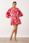 Shop_Son Of A Noble Snob_Pink Cotton Satin Mandarin Collar Clara Geometric Print Balloon Sleeve Dress _Online_at_Aza_Fashions