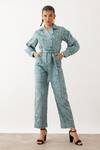 Buy_Son of A Noble Snob_Grey Premium Cotton Satin Printed Grid Notched Collar Yuki And Spring Jumpsuit _at_Aza_Fashions