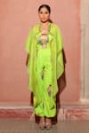 Ankur J_Green Cape Organza Printed Architectural Jumpsuit Leaf Neck With _at_Aza_Fashions