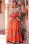 Buy_Ankur J_Grey Jacket Georgette Printed Linear Jacket Notched Lapel Pleated Lehenga Set _at_Aza_Fashions