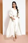 Buy_Kressa_White Crepe Embellished Geometric V Neck Poncho And Pant Set With Belt  _at_Aza_Fashions