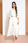 Buy_Kressa_White Crepe Embellished Geometric V Neck Poncho And Pant Set With Belt  _Online_at_Aza_Fashions