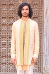 Ankur J_Peach Cotton Silk Printed Floral Waistcoat With Kurta Set _Online_at_Aza_Fashions