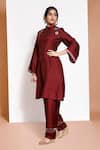 Kressa_Maroon Crepe Embroidered Floral Band Collar A-line Kurta And Pant Set _Online_at_Aza_Fashions