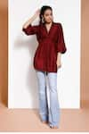 Buy_Kressa_Maroon Crepe V Neck Bow Belt Back Detail Flared Tunic  _at_Aza_Fashions