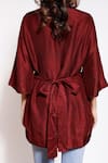 Kressa_Maroon Crepe V Neck Bow Belt Back Detail Flared Tunic  _Online_at_Aza_Fashions