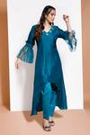 Shop_Kressa_Green Crepe Embroidered Floral V Neck High-low Kurta And Pant Set  _at_Aza_Fashions