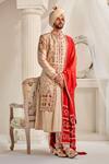 Shop_Rachit Khanna_Gold Raw Silk Embroidered Dabka Floral Vintage Resham Sherwani Set For Men_at_Aza_Fashions