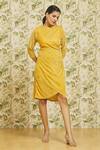 Buy_Samyukta Singhania_Yellow Velvet Plain Boat Neck Pain Dress _at_Aza_Fashions