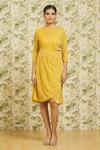 Samyukta Singhania_Yellow Velvet Plain Boat Neck Pain Dress _Online_at_Aza_Fashions