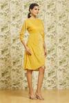 Buy_Samyukta Singhania_Yellow Velvet Plain Boat Neck Pain Dress _Online_at_Aza_Fashions