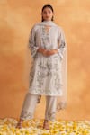 Buy_Akriti by Ritika_Blue Kurta And Pant Chanderi Embroidered Thread Notched Floral Jaal Set _at_Aza_Fashions