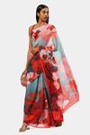 Satya Paul_Blue Chiffon Virile Red Flowers Print Saree_Online_at_Aza_Fashions