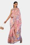 Satya Paul_Pink Cotton Stripe Banarasi Linen Floral Pattern Saree_Online_at_Aza_Fashions