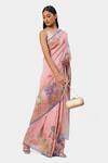 Buy_Satya Paul_Pink Cotton Stripe Banarasi Linen Floral Pattern Saree_Online_at_Aza_Fashions