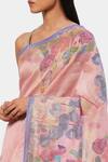 Shop_Satya Paul_Pink Cotton Stripe Banarasi Linen Floral Pattern Saree_Online_at_Aza_Fashions