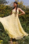 Buy_Baise Gaba_Yellow Chiffon Printed Floral Scoop V Neck Sunkissed Dress _Online_at_Aza_Fashions