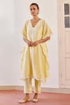 Buy_Amisha Kothari_Yellow Cotton Silk Embroidered Floral V Neck Zainaab Kurta Kaftan Set  _at_Aza_Fashions