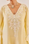 Amisha Kothari_Yellow Cotton Silk Embroidered Floral V Neck Zainaab Kurta Kaftan Set  _at_Aza_Fashions