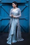 Shop_ANJALEE AND ARJUN KAPOOR_Blue Net Embroidered Sequin Sweetheart Cape And Pre-draped Saree Set _at_Aza_Fashions
