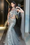 ANJALEE AND ARJUN KAPOOR_Grey Net Embroidered 3d Asymmetric Pre-draped Saree With Blouse  _Online_at_Aza_Fashions