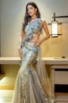 Shop_ANJALEE AND ARJUN KAPOOR_Grey Net Embroidered 3d Asymmetric Pre-draped Saree With Blouse  _Online_at_Aza_Fashions