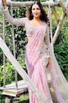 Buy_ANJALEE AND ARJUN KAPOOR_Pink Net Embroidered Floral U Neck Pre-draped Saree With Blouse  _at_Aza_Fashions