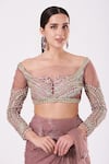 ANJALEE AND ARJUN KAPOOR_Pink Net Hand Embroidery Pre-draped Shimmer Finish Saree And Blouse Set  _Online_at_Aza_Fashions