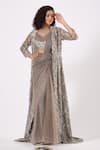 Buy_ANJALEE AND ARJUN KAPOOR_Grey Net Hand Embroidery Floral Pre-draped Saree And Cluster Cape Set  _at_Aza_Fashions