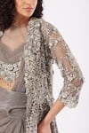 Shop_ANJALEE AND ARJUN KAPOOR_Grey Net Hand Embroidery Floral Pre-draped Saree And Cluster Cape Set  _Online_at_Aza_Fashions