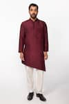 Buy_KAKA CALCUTTA_Wine Kurta Bam Silk Plain Mandarin Collar Set _at_Aza_Fashions