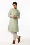 Buy_Kaka Calcutta_Green Kurta  Bam Silk Embroidered Thread Hem And Pyjama Pant Set _at_Aza_Fashions