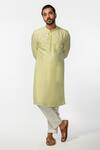 Buy_Kaka Calcutta_Green Bamboo, Cotton, Silk Mirrors Mandarin Collar Kurta And Pyjama Pant Set _at_Aza_Fashions