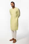 Kaka Calcutta_Green Bamboo, Cotton, Silk Mirrors Mandarin Collar Kurta And Pyjama Pant Set _Online_at_Aza_Fashions