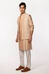 Kaka Calcutta_Gold Bamboo, Cotton, Silk Embroidery Arrowhead Pattern Bundi And Kurta Set _Online_at_Aza_Fashions