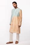 Buy_KAKA MENSWEAR_Peach Kurta: Bam Silk Plain Tie Dye Mandarin Collar Set For Men_at_Aza_Fashions