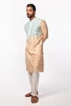 KAKA MENSWEAR_Peach Kurta: Bam Silk Plain Tie Dye Mandarin Collar Set For Men_Online_at_Aza_Fashions