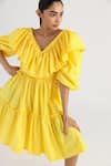 Buy Studio Moda India Yellow Cotton V-neck The Eunoia Frill Dress Online at Aza Fashions Buy_Studio Moda India_Yellow Cotton V-neck The Eunoia Frill Dress _Online_at_Aza_Fashions