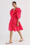 Studio Moda India Pink Cotton Ruffles V-neck The Eunoia Puff Sleeve Dress Online at Aza Fashions Studio Moda India_Pink Cotton Ruffles V-neck The Eunoia Puff Sleeve Dress _Online_at_Aza_Fashions