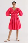 Buy Studio Moda India Pink Cotton Ruffles V-neck The Eunoia Puff Sleeve Dress at Aza Fashions Buy_Studio Moda India_Pink Cotton Ruffles V-neck The Eunoia Puff Sleeve Dress _at_Aza_Fashions