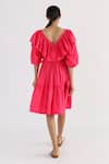 Shop Studio Moda India Pink Cotton Ruffles V-neck The Eunoia Puff Sleeve Dress at Aza Fashions Shop_Studio Moda India_Pink Cotton Ruffles V-neck The Eunoia Puff Sleeve Dress _at_Aza_Fashions