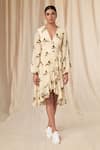 Buy_Masaba_Ivory Natural Crepe Print Gold Finch V Neck Wrap Dress _at_Aza_Fashions