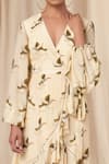 Masaba_Ivory Natural Crepe Print Gold Finch V Neck Wrap Dress _at_Aza_Fashions