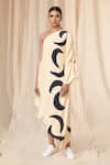 Masaba_Ivory Natural Crepe Print Mooncrest Asymmetric Neck One Shoulder Kaftan _Online_at_Aza_Fashions