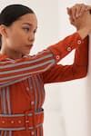 CROSS A LINE_Orange Jacquard Linen Striped Collared Neck Ema Pattern Shirt Dress _Online_at_Aza_Fashions